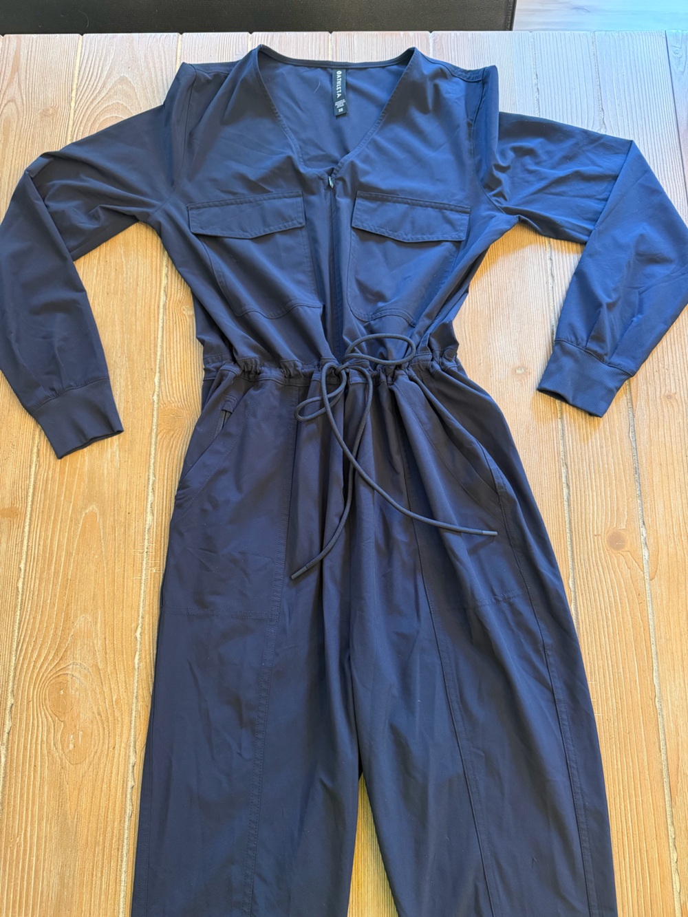 Athleta Navy Long-Sleeve Zip Front Jumpsuit with Drawstring Waist